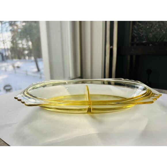 Fostoria Mayfair Relish Dish 2 Part 9” Long Yellow Topaz Vintage Candy Trinket - Picture 9 of 15